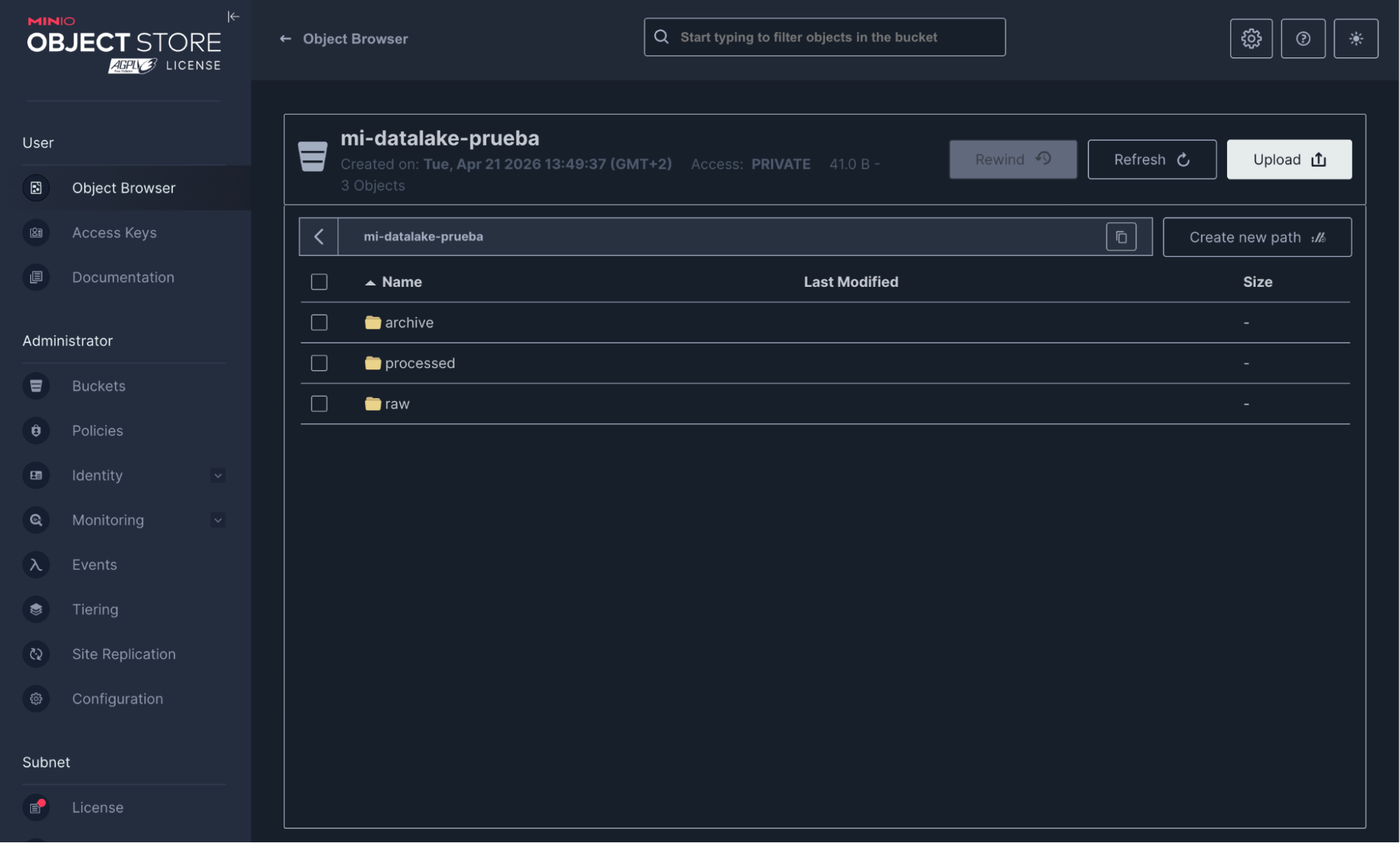 Creación del bucket para almacenamiento del Data Lake