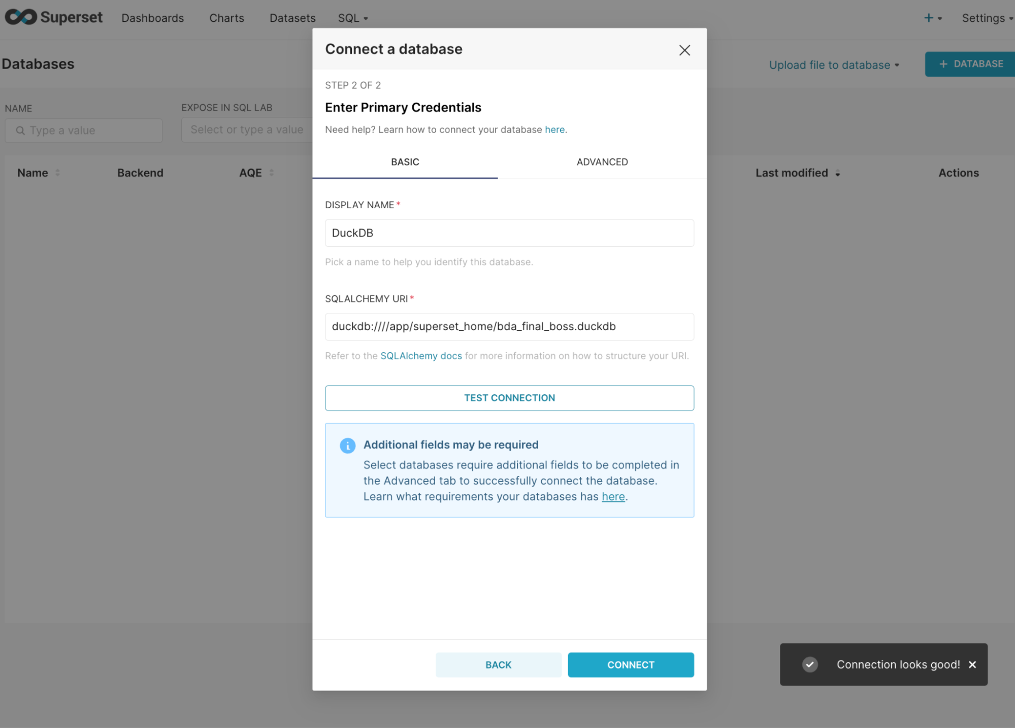 Configuración de la conexión entre Superset y el almacenamiento de datos